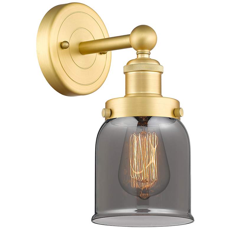 Image 1 Small Bell 2.25" High Satin Gold Sconce With Plated Smoke Shade
