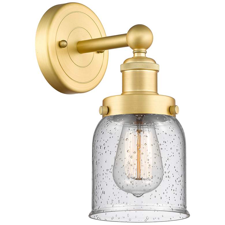 Image 1 Small Bell 2.25" High Satin Gold Sconce With Seedy Shade