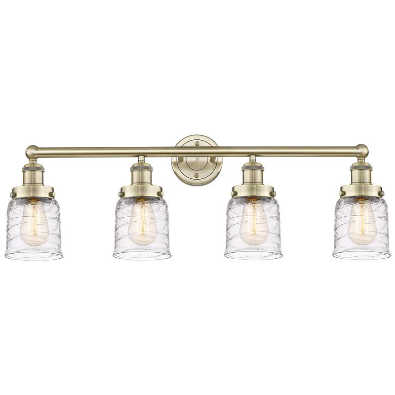 Image 1 Small Bell 33.5"W 4 Light Antique Brass Bath Light With Deco Swirl Sha