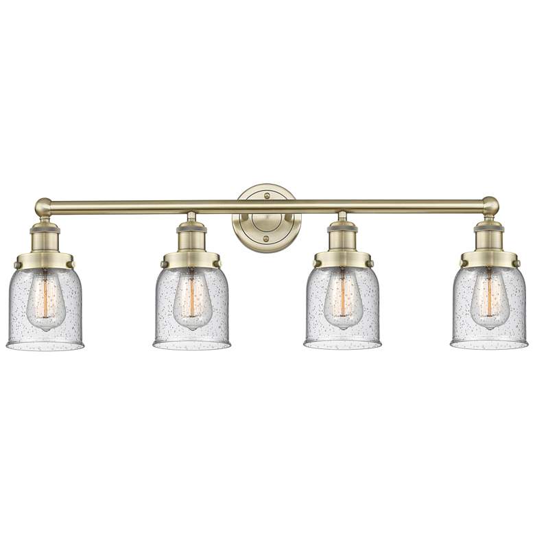 Image 1 Small Bell 33.5"W 4 Light Antique Brass Bath Vanity Light With Seedy S