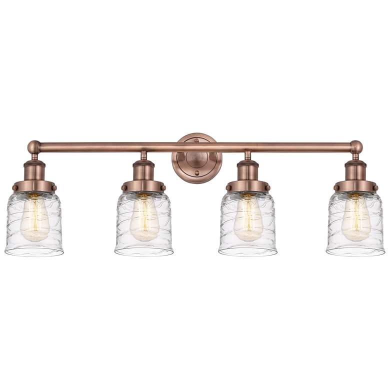 Image 1 Small Bell 33.5"W 4 Light Antique Copper Bath Light With Deco Swirl Sh