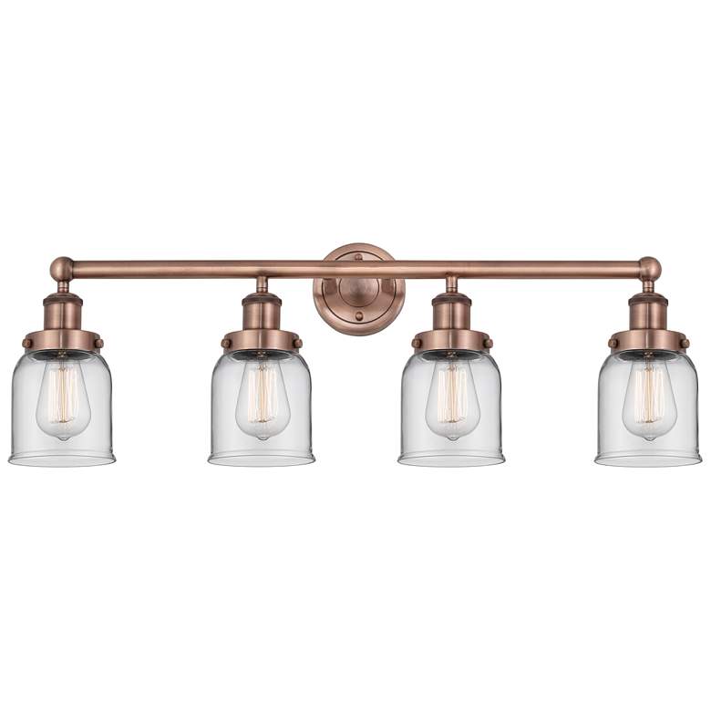 Image 1 Small Bell 33.5"W 4 Light Antique Copper Bath Vanity Light With Clear