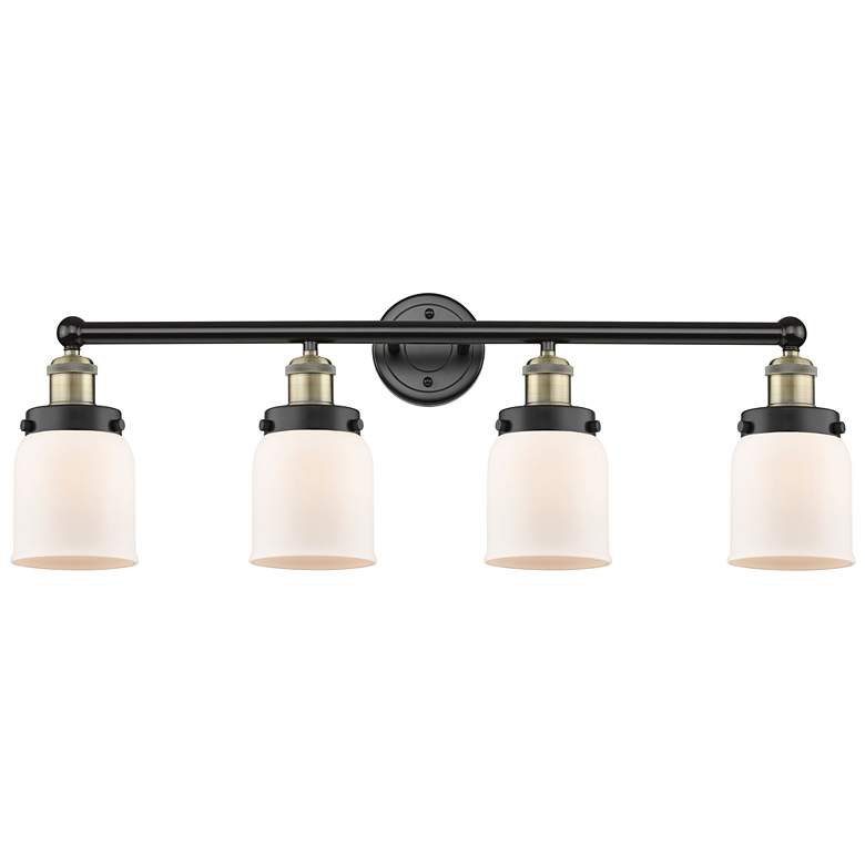 Image 1 Small Bell 33.5"W 4 Light Black Antique Brass Bath Light With White Sh