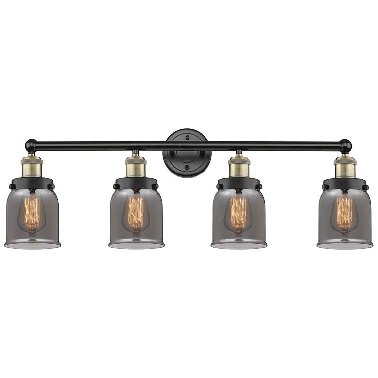 Image 1 Small Bell 33.5"W 4 Light Black Brass Bath Light w/ Plated Smoke Shade