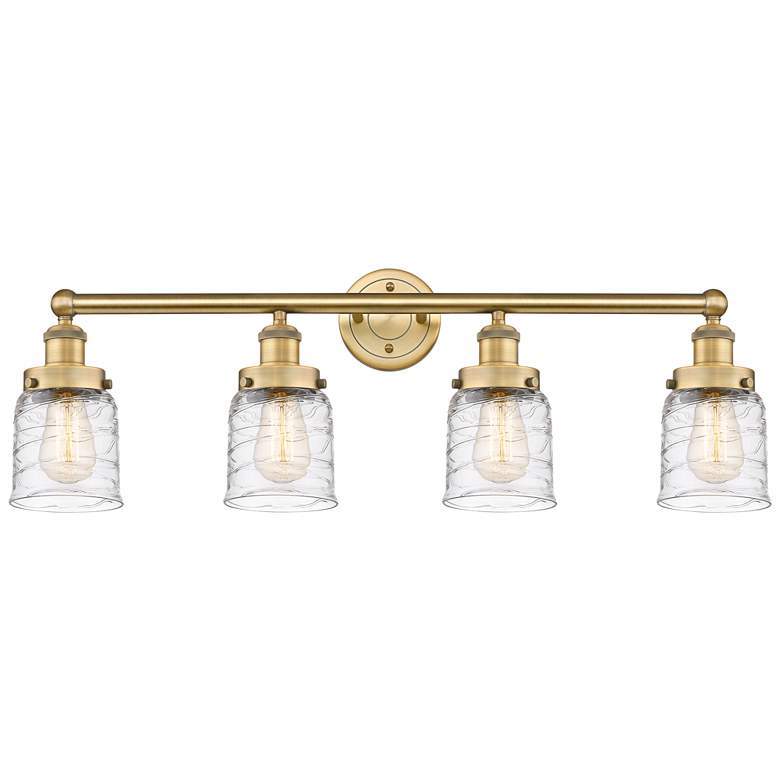 Image 1 Small Bell 33.5"W 4 Light Brushed Brass Bath Light w/ Deco Swirl Shade