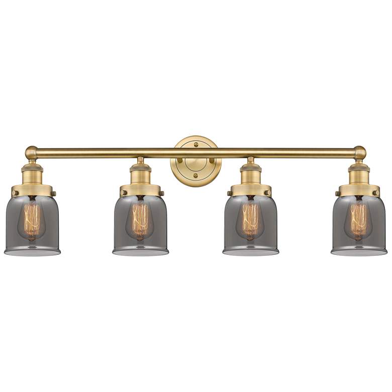 Image 1 Small Bell 33.5"W 4 Light Brushed Brass Bath Light w/ Plated Smoke Sha