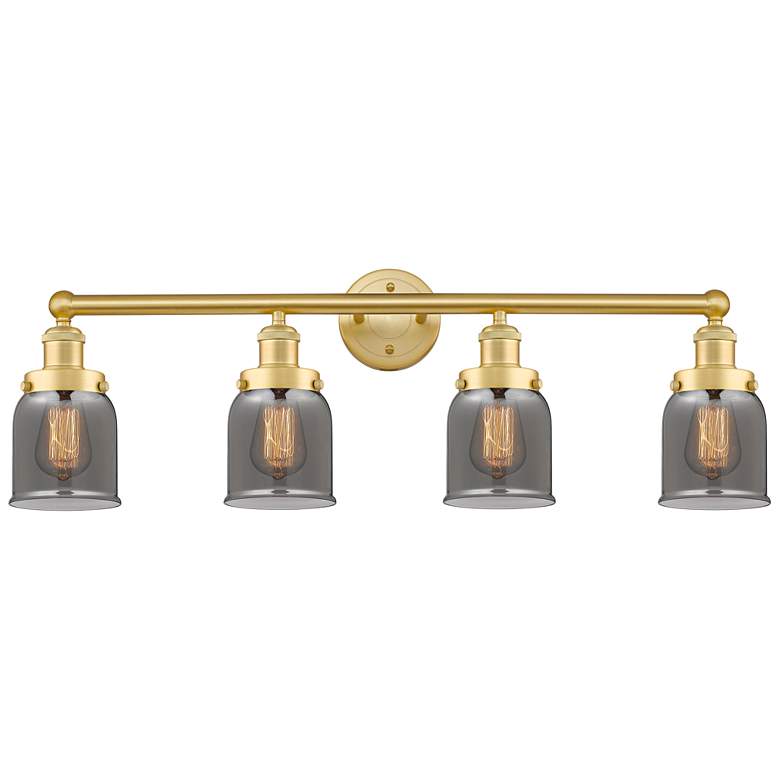 Image 1 Small Bell 33.5"W 4 Light Satin Gold Bath Light w/ Plated Smoke Shade