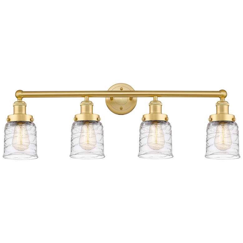 Image 1 Small Bell 33.5"W 4 Light Satin Gold Bath Vanity Light w/ Deco Swirl S