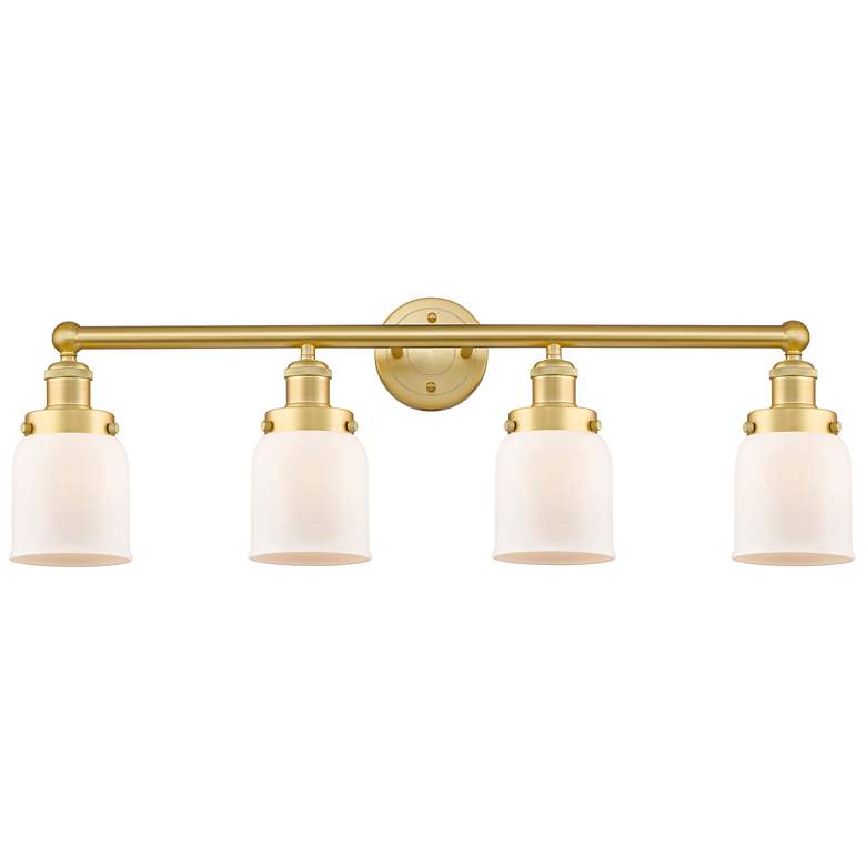 Image 1 Small Bell 33.5"W 4 Light Satin Gold Bath Vanity Light w/ Matte White