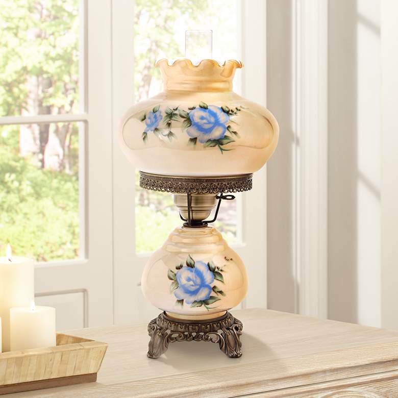 Image 1 Small Blue Rose 20 inch High Night Light Hurricane Table Lamp