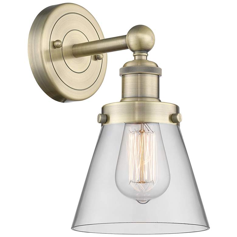 Image 1 Small Cone 10"High Antique Brass Sconce With Clear Shade