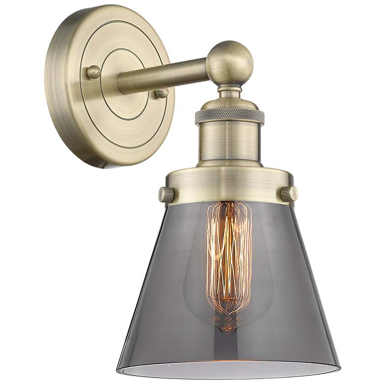 Image 1 Small Cone 10"High Antique Brass Sconce With Plated Smoke Shade