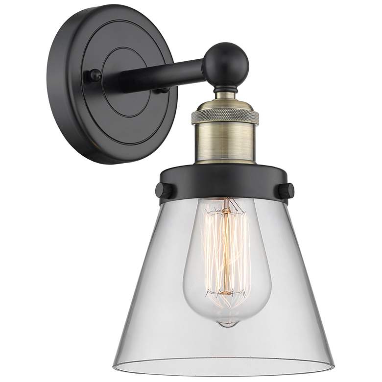 Image 1 Small Cone 10"High Black Antique Brass Sconce With Clear Shade