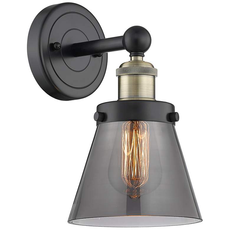 Image 1 Small Cone 10"High Black Antique Brass Sconce With Plated Smoke Shade