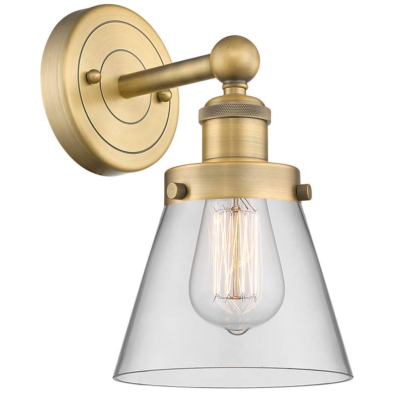 Image 1 Small Cone 10"High Brushed Brass Sconce With Clear Shade