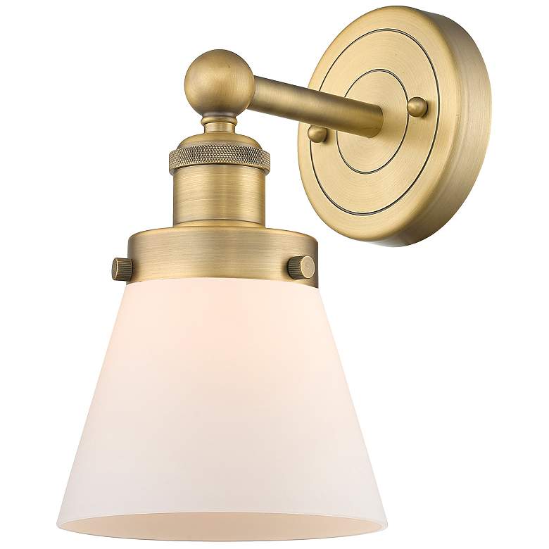 Image 1 Small Cone 10"High Brushed Brass Sconce With Matte White Shade