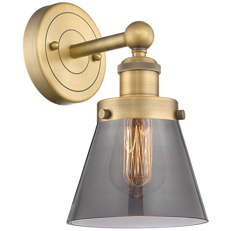 Image 1 Small Cone 10"High Brushed Brass Sconce With Plated Smoke Shade