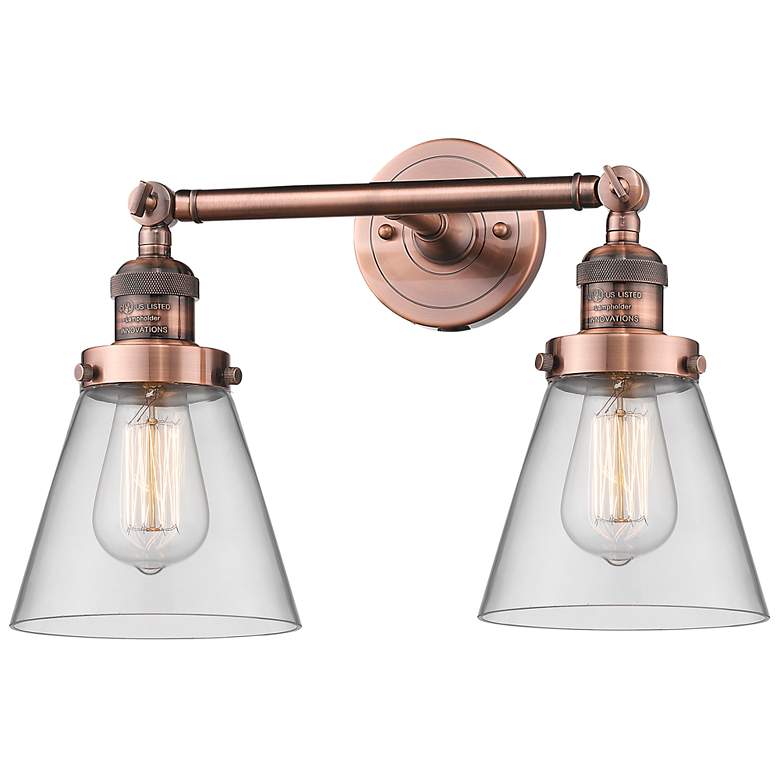 Image 1 Small Cone 16" 2-Light Antique Copper Tiltable Bath Light w/ Clear Sha