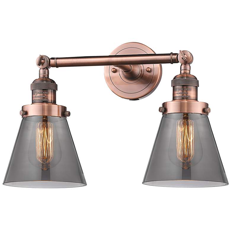 Image 1 Small Cone 16" 2-Light Antique Copper Tiltable Bath Light w/ Smoke Sha