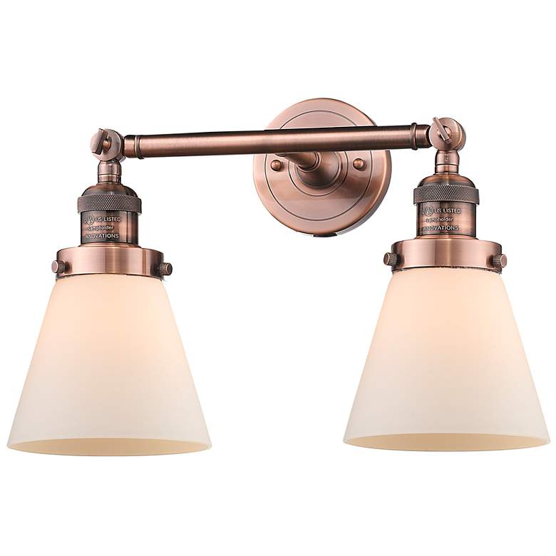 Image 1 Small Cone 16" 2-Light Antique Copper Tiltable Bath Light w/ White Sha