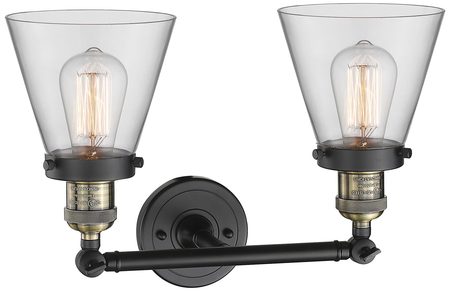 Image 2 Small Cone 16" 2-Light Black Brass Tiltable Bath Light w/ Clear Shade more views