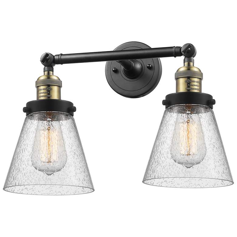 Image 1 Small Cone 16" 2-Light Black Brass Tiltable Bath Light w/ Seedy Shade