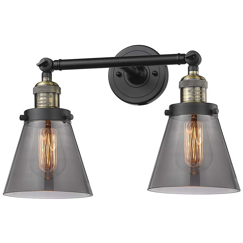 Image 1 Small Cone 16" 2-Light Black Brass Tiltable Bath Light w/ Smoke Shade