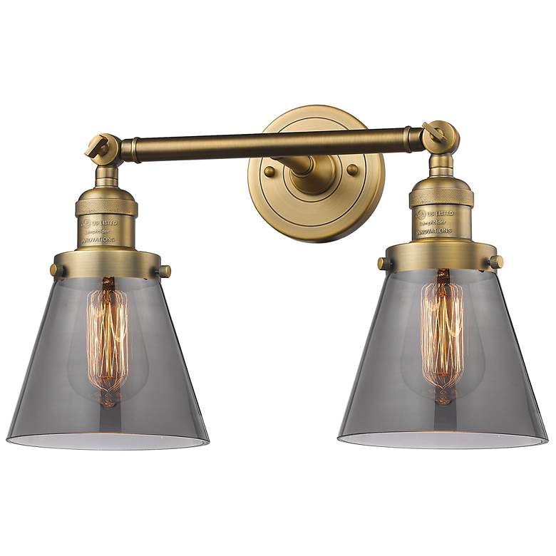 Image 1 Small Cone 16" 2-Light Brushed Brass Tiltable Bath Light w/ Smoke Shad