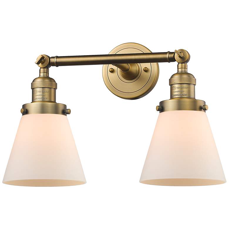 Image 1 Small Cone 16" 2-Light Brushed Brass Tiltable Bath Light w/ White Shad
