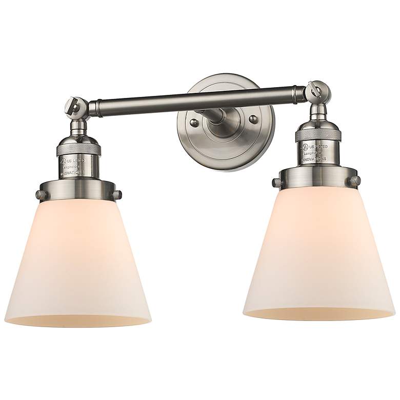 Image 1 Small Cone 16" 2-Light Brushed Nickel Tiltable Bath Light w/ White Sha