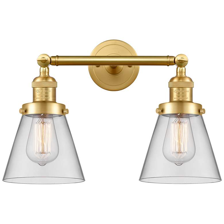 Image 1 Small Cone 16" 2-Light Satin Gold Bath Light w/ Clear Shade
