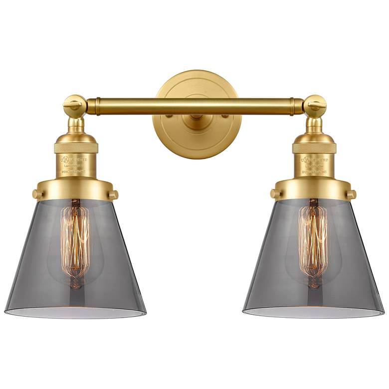 Image 1 Small Cone 16" 2-Light Satin Gold Bath Light w/ Plated Smoke Shade
