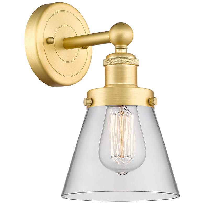 Image 1 Small Cone 2.25" High Satin Gold Sconce With Clear Shade