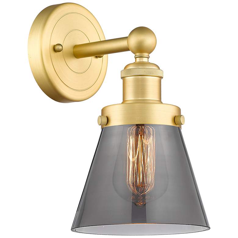 Image 1 Small Cone 2.25" High Satin Gold Sconce With Plated Smoke Shade