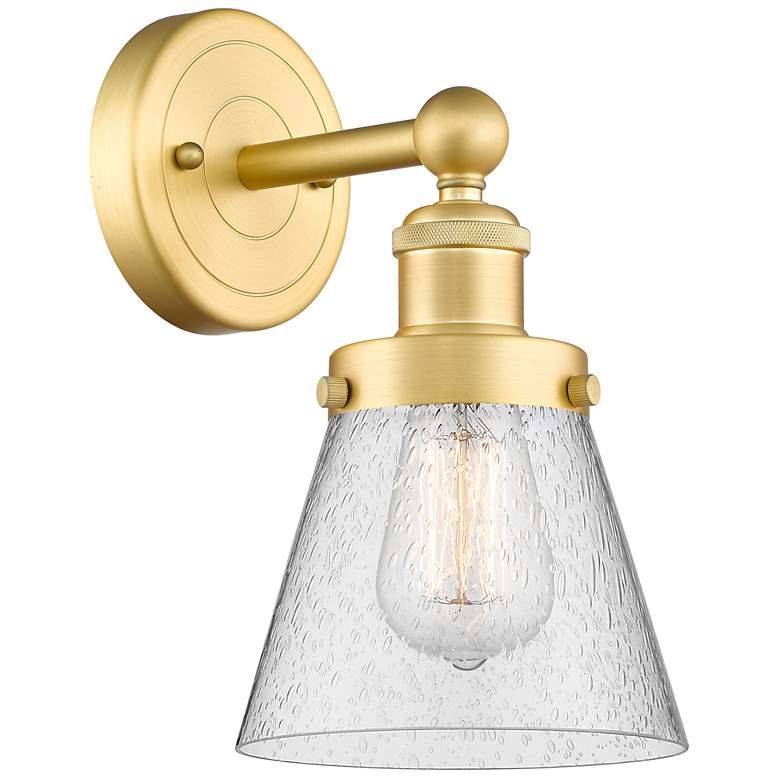 Image 1 Small Cone 2.25" High Satin Gold Sconce With Seedy Shade