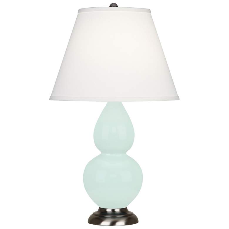 Image 1 Small Double Gourd 22.75"H Mint Glazed Silver Lamp w/ Pearl Dupioni Shade