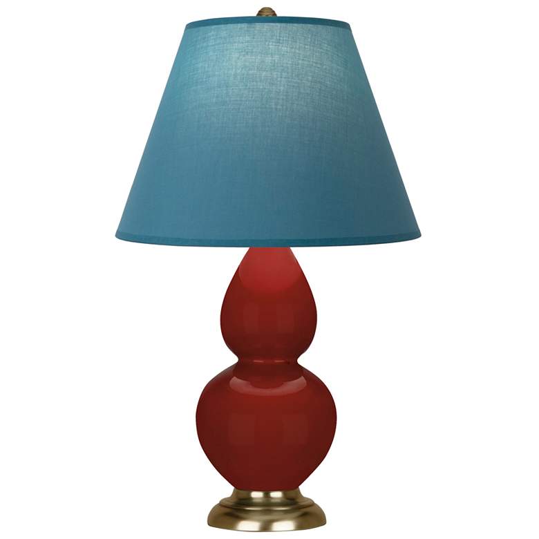 Image 1 Small Double Gourd 22.75"H Oxblood Brass Lamp w/ Bright Blue Shade