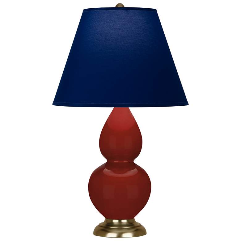 Image 1 Small Double Gourd 22.75"H Oxblood Brass Lamp w/ Navy w/ Gray Lining Shade