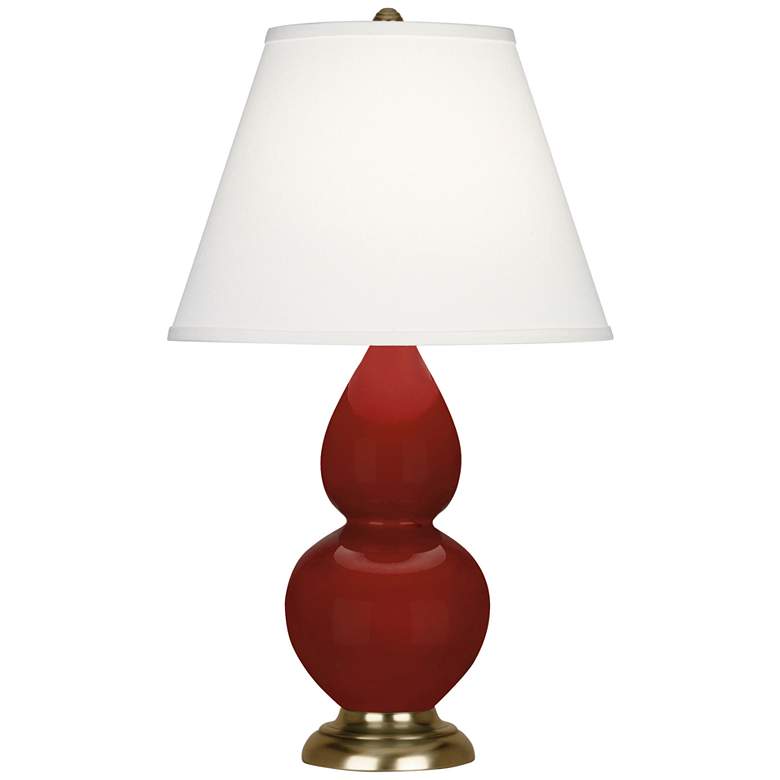 Image 1 Small Double Gourd 22.75"H Oxblood Brass Lamp w/ Pearl Dupioni Shade