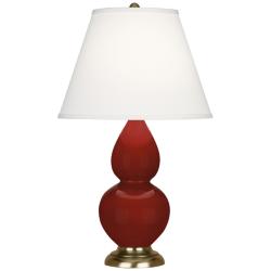 Small Double Gourd 22.75"H Oxblood Brass Lamp w/ Pearl Dupioni Shade