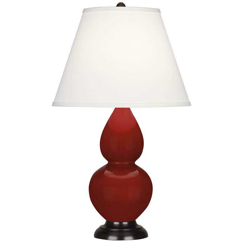 Image 1 Small Double Gourd 22.75"H Oxblood Bronze Lamp w/ Pearl Dupioni Shade