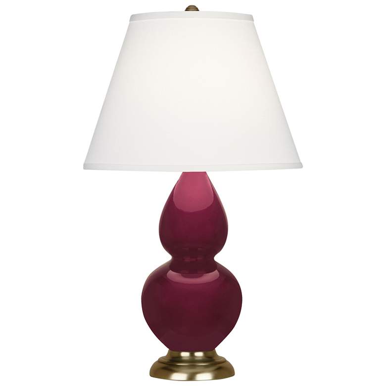 Image 1 Small Double Gourd 22.75"H Sugar Plum Brass Lamp w/ Pearl Dupioni Shade