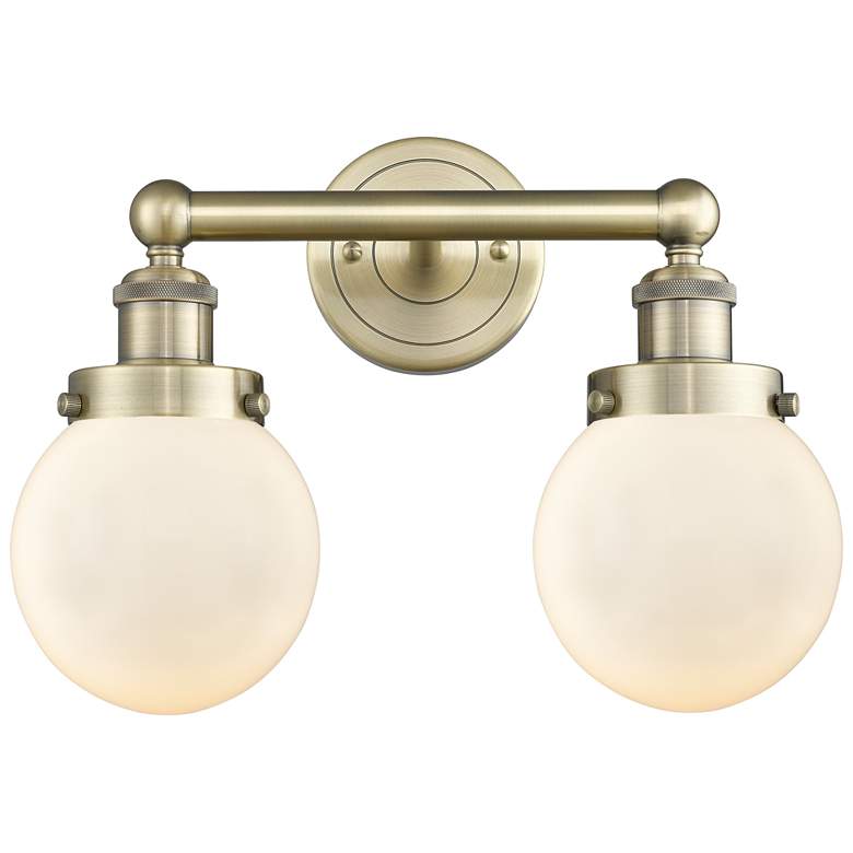 Image 1 Small Edison Beacon 15.5 inchW 2 Light Antique Brass Bath Light w/ White S