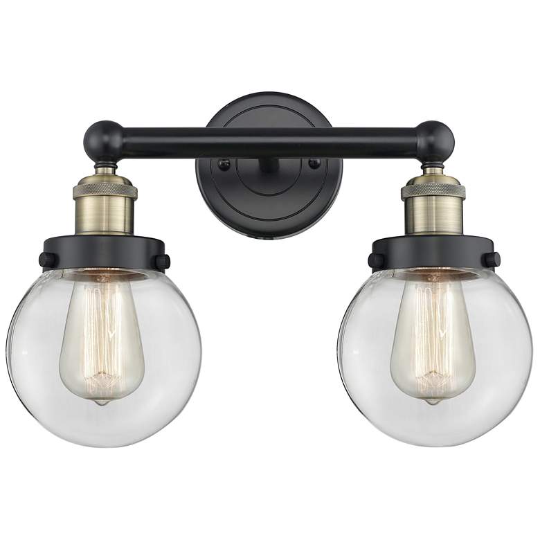 Image 1 Small Edison Beacon 15.5"W 2 Light Black Brass Bath Light With Clear S