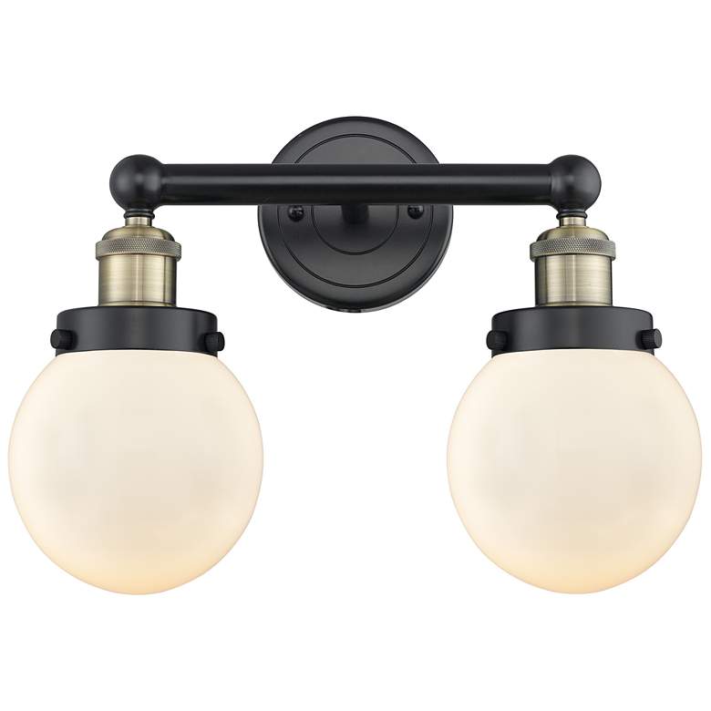 Image 1 Small Edison Beacon 15.5"W 2 Light Black Brass Bath Light With White S