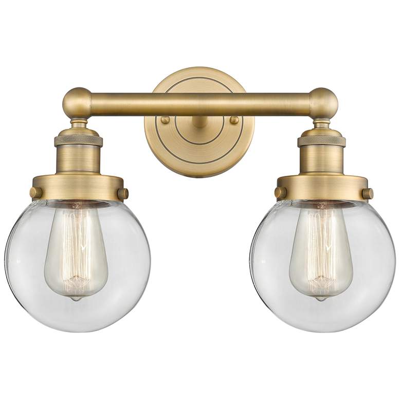 Image 1 Small Edison Beacon 15.5"W 2 Light Brushed Brass Bath Light w/ Clear S