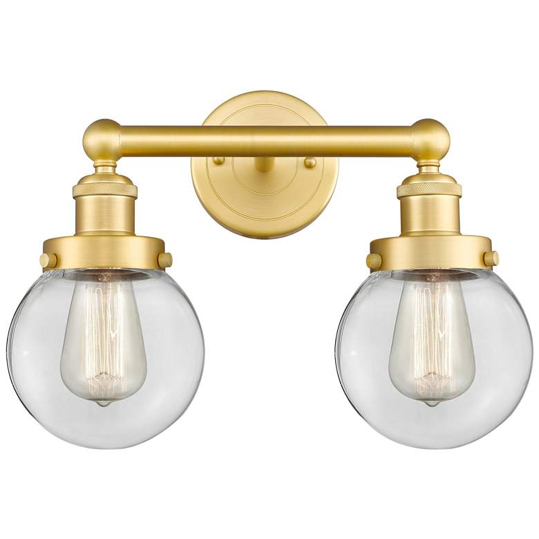 Image 1 Small Edison Beacon 15.5 inchW 2 Light Satin Gold Bath Light With Clear Sh