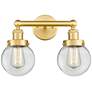 Small Edison Beacon 15.5"W 2 Light Satin Gold Bath Light With Clear Sh