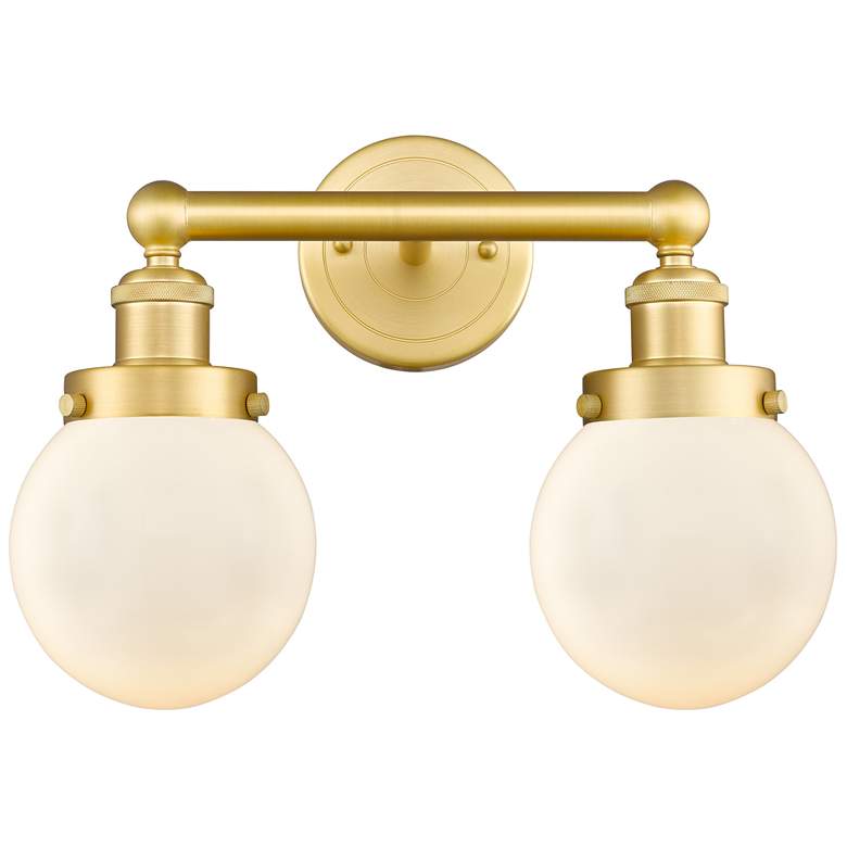 Image 1 Small Edison Beacon 15.5 inchW 2 Light Satin Gold Bath Light With White Sh