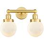 Small Edison Beacon 15.5"W 2 Light Satin Gold Bath Light With White Sh